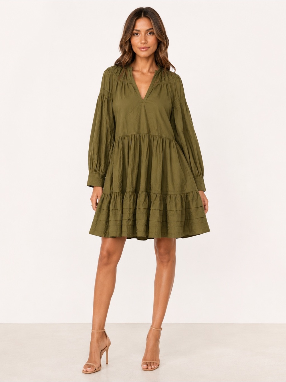 Ulla Johnson Rosa Olive Green Tiered Long Sleeve Mini Dress Size 00